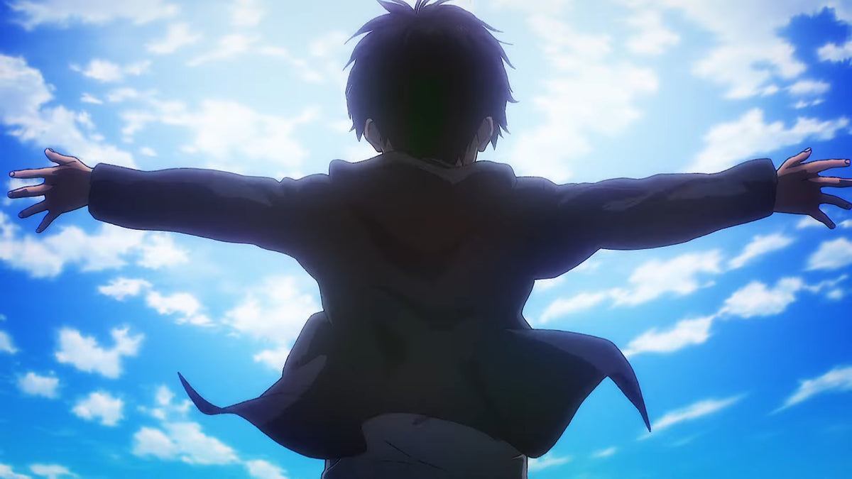 Eren Jaeger niño mirando al cielo en el cartel oficial de Attack on Titan THE LAST ATTACK