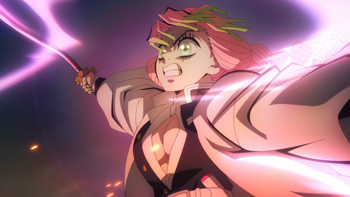 Mitsuri Kanroji, Hashira del Amor de Demon Slayer, en el Castillo Infinito en un visual oficial
