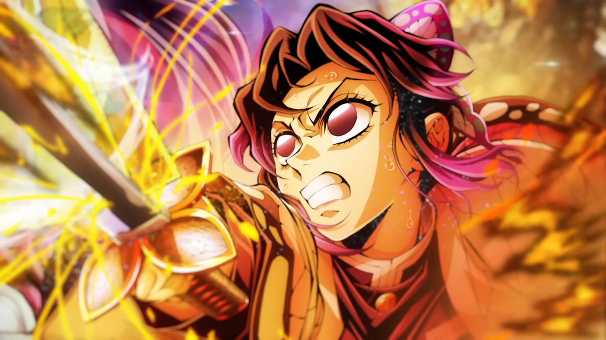 Ilustración de Demon Slayer: Infinity Castle con Shinobu frente al demonio Doma, Luna Superior 2