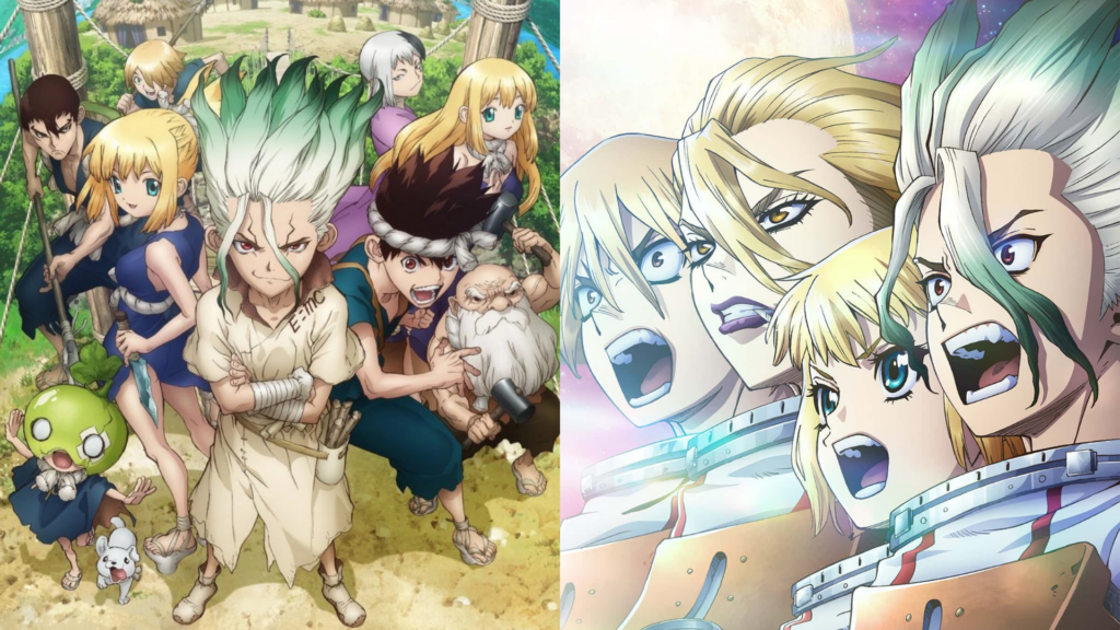 Imagen de Dr. Stone: Science Future con Senku y los astronautas en el final del anime