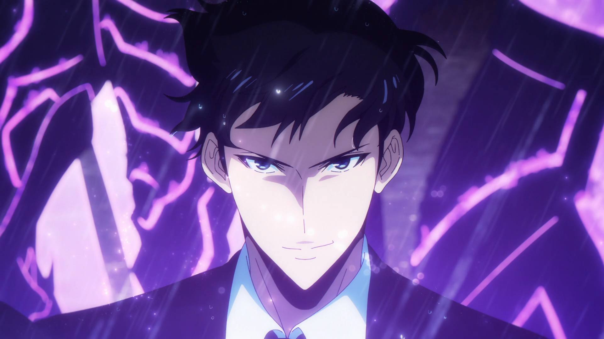 Sung Jinwoo con su aura azul en el anuncio de Solo Leveling Beyond the System
