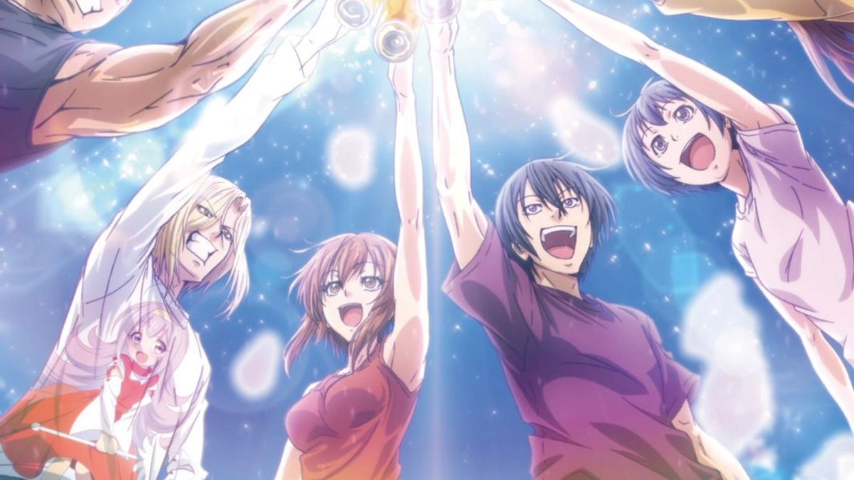 Iori y los protagonistas de Grand Blue en el anuncio de la temporada 4