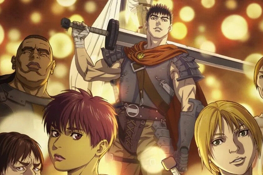 Guts empuñando su espada en una escena oscura del anime Berserk