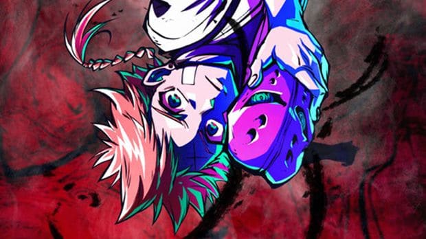 Imagen promocional del anime The Vermilion Mask con su protagonista y la máscara maldita