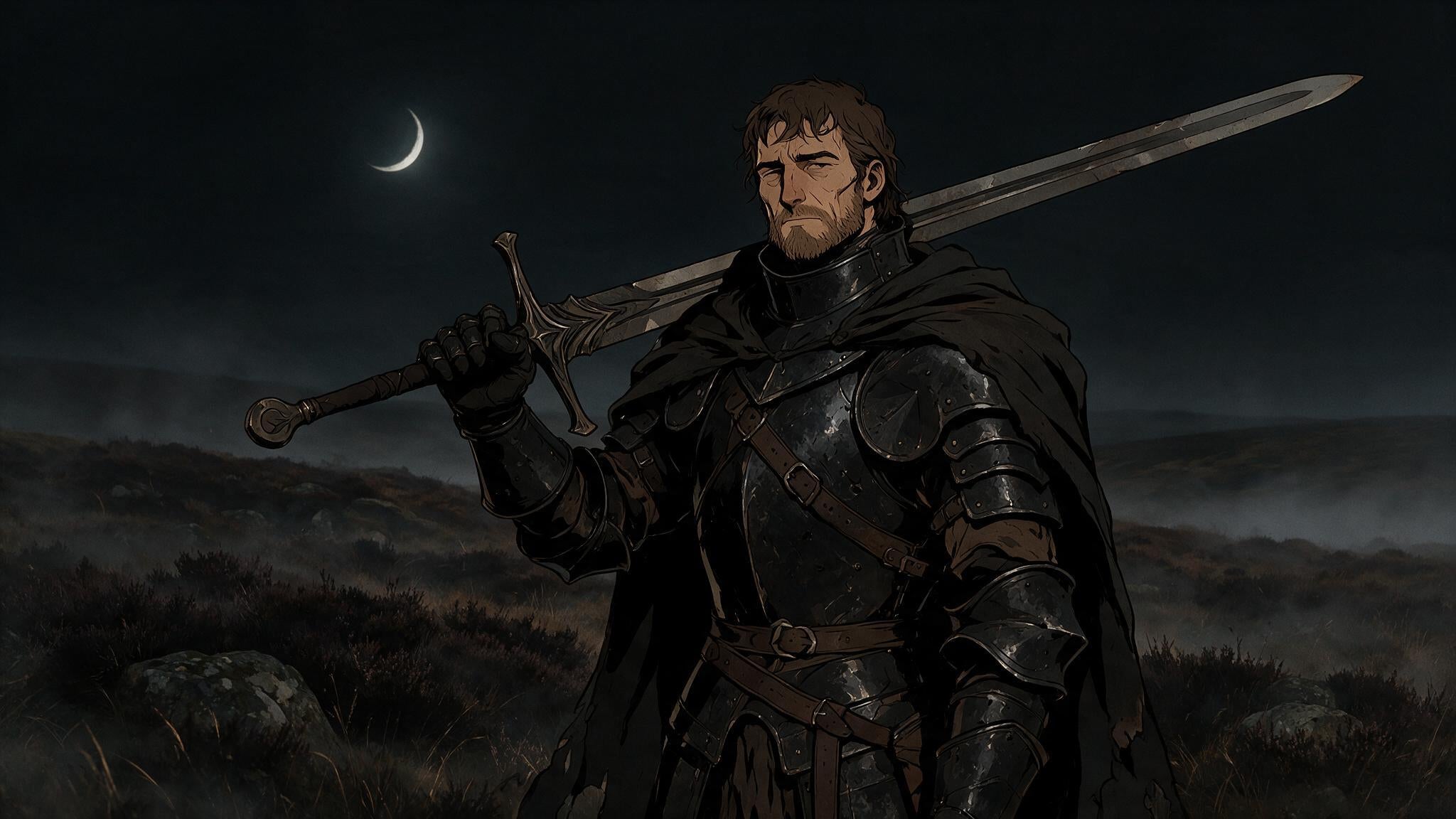 Ilustracion de un guerrero con armadura oscura y una gran espada, tematica Berserk