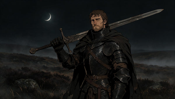 Ilustracion de un guerrero con armadura oscura y una gran espada, tematica Berserk