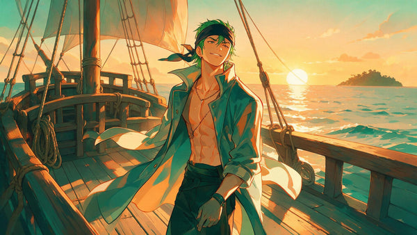 Ilustracion de un pirata de cabello verde en la cubierta de un barco al atardecer, tematica One Piece