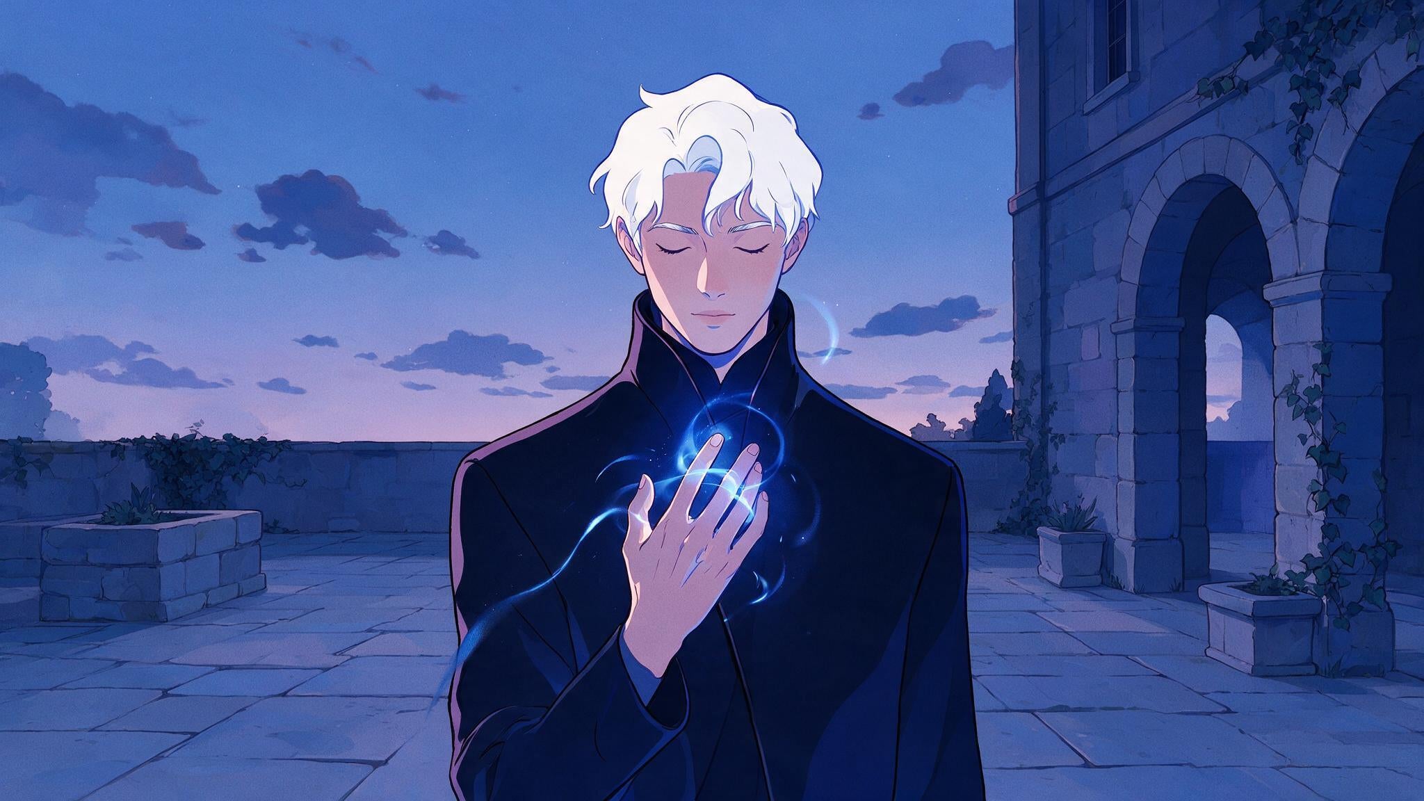 Ilustracion anime de un hechicero de cabello blanco con energia azul, tematica Jujutsu Kaisen