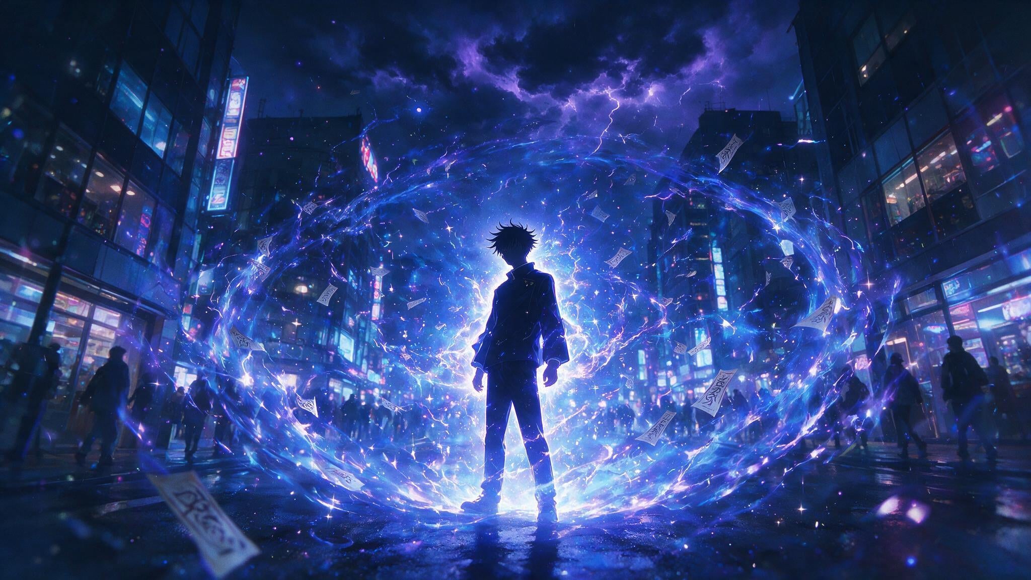 Ilustración anétime de hechicero con energía maldita azul y violeta, Jujutsu Kaisen