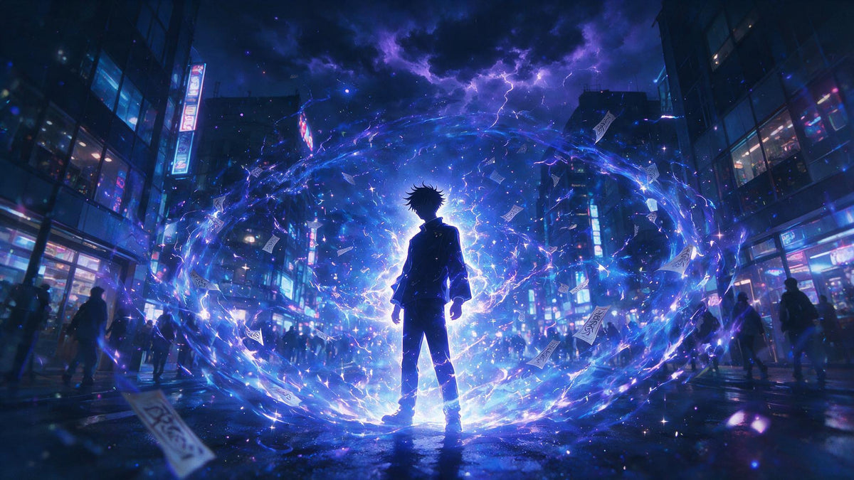 Ilustración anétime de hechicero con energía maldita azul y violeta, Jujutsu Kaisen
