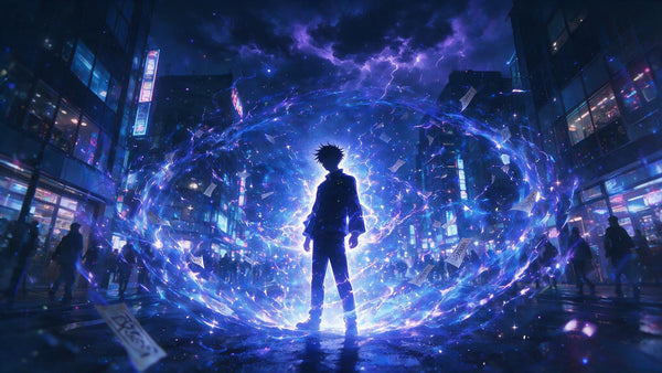 Ilustración anétime de hechicero con energía maldita azul y violeta, Jujutsu Kaisen