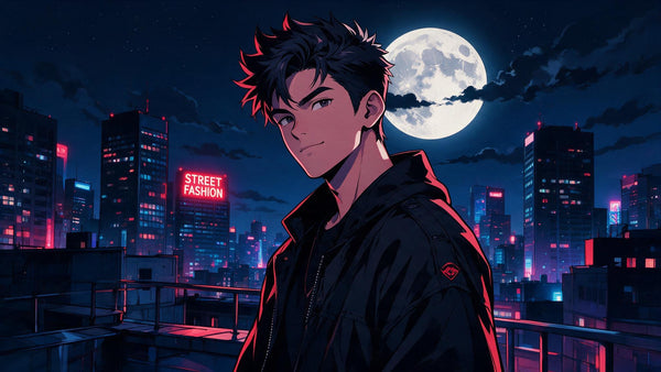 Ilustracion anime de un ninja de cabello oscuro en una azotea bajo la luna, tematica Naruto