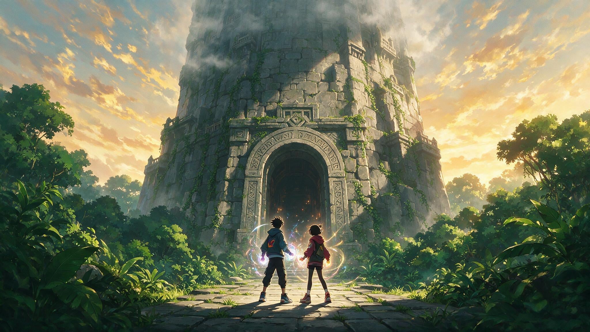Ilustración anétime de dos jóvenes aventureros ante una torre de examen Hunter