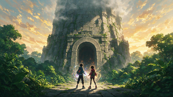 Ilustración anétime de dos jóvenes aventureros ante una torre de examen Hunter