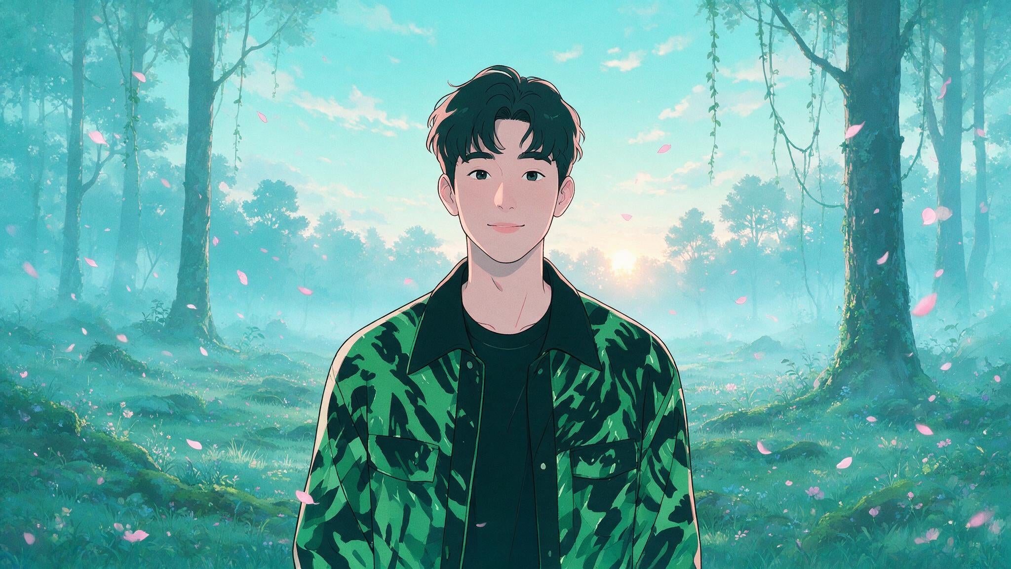 Ilustracion de un joven con chaqueta verde y negra entre petalos de flor, tematica Demon Slayer