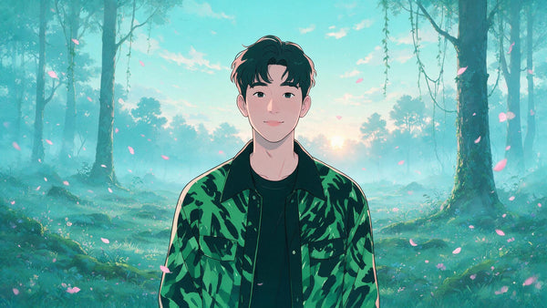 Ilustracion de un joven con chaqueta verde y negra entre petalos de flor, tematica Demon Slayer